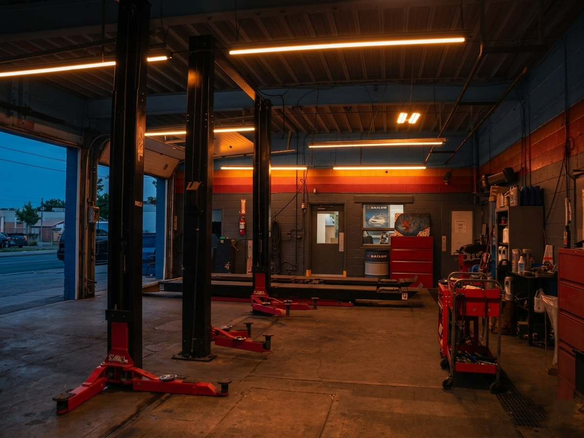 Heavy duty hydraulic vehicle lifts in a auto repair shop
