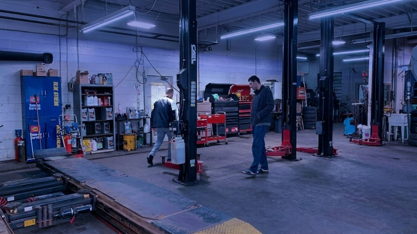 Mechanics walking through an auto repair shop with vehicle lifts and tool storage