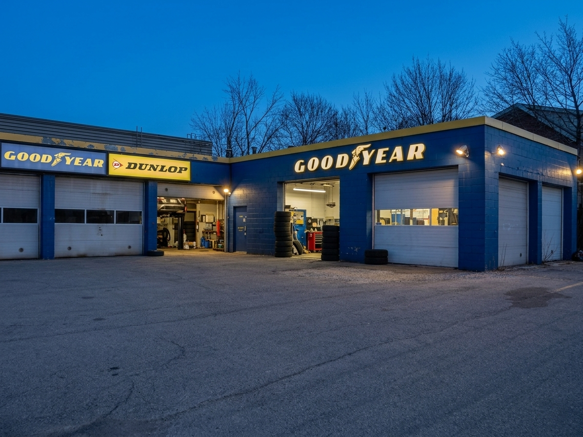 Exterior view of an automotive service center with illuminated Goodyear and Dunlop signage, multiple garage bay doors, and an open workshop bay at dusk